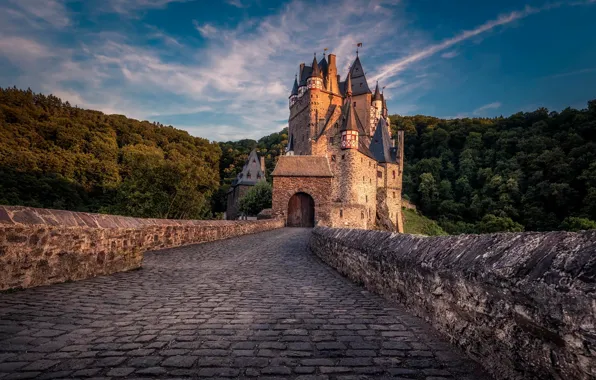 Картинка лес, закат, замок, Германия, Burg Eltz