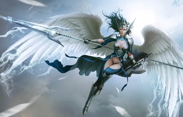 Картинка Girl, Fantasy, Sky, Art, Style, Warrior, Shield, Wings