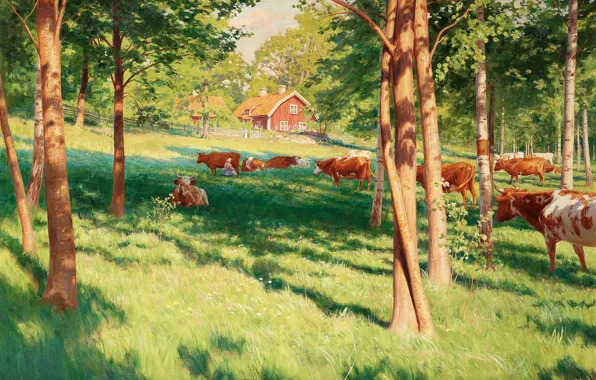 Картинка лес, лето, деревья, пейзаж, дом, картина, ограда, коровы