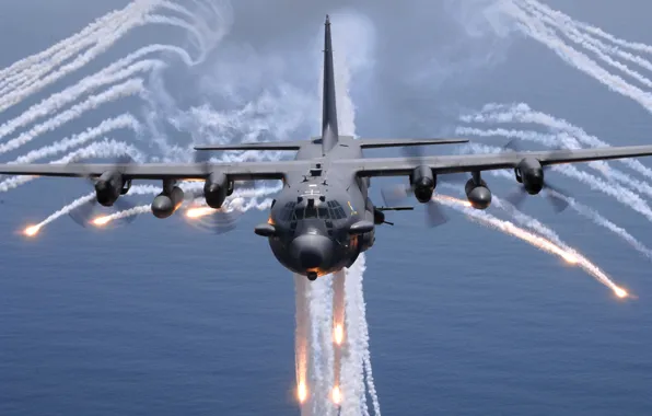 Картинка море, самолет, огонь, Lockheed AC-130H Spectre