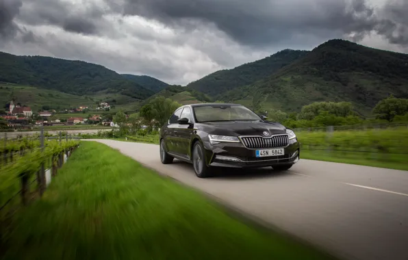 Горы, седан, облачно, Škoda, Skoda, четырёхдверный, Superb, 2020