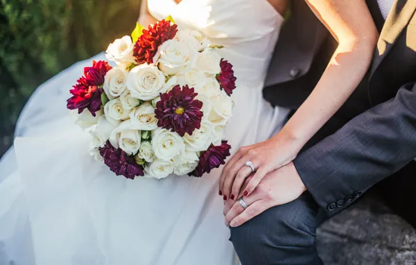 Цветы, букет, кольца, руки, семья, невеста, свадьба, жених