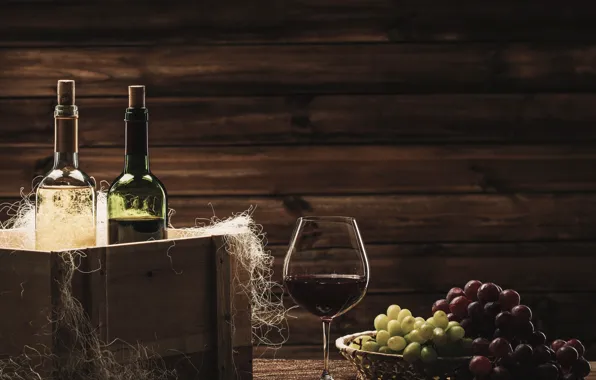 Вино, бокал, виноград, пробки, бутылки, ящик