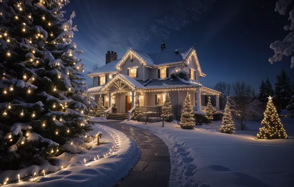 Картинка зима, снег, украшения, ночь, lights, дом, елка, Новый Год