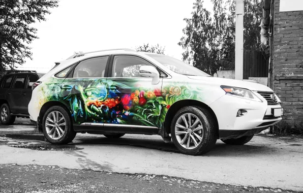 Цветы, яркий, арфа, lexus, аэрография, цветочная композиция, нимфа, муза