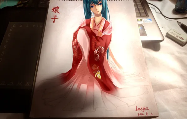 Картинка рисунок, арт, кимоно, hatsune miku, вокалоид