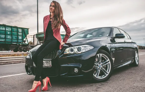Картинка BMW, Girl, Car, Legs, Model, Woman, View, Road