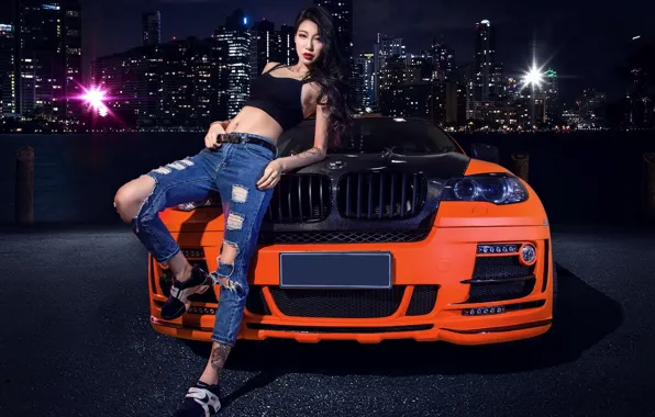 Картинка авто, взгляд, Девушки, BMW, азиатка, красивая девушка, оперлась на машину