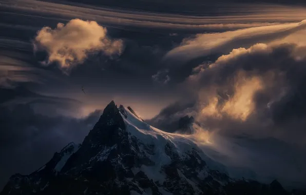 Картинка облака, снег, закат, природа, гора, вершина