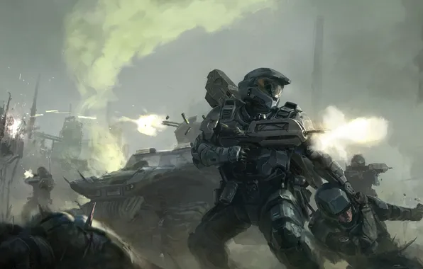 Картинка оружие, дым, техника, солдаты, Halo, броня, выстрелы, отступление