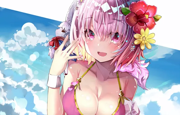 Girl, sexy, cleavage, beach, pink hair, boobs, anime, beautiful