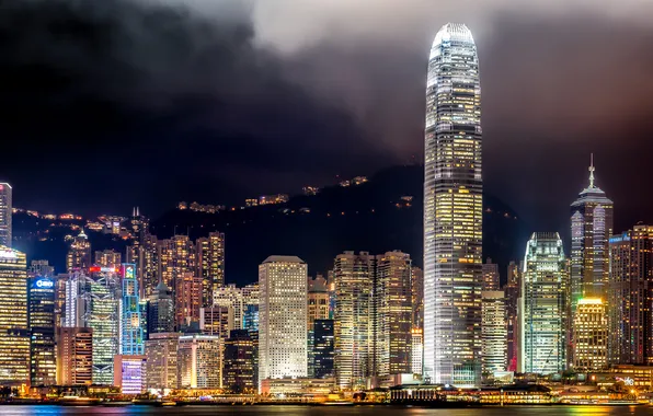 Город, ночные огни, Гонконг, Азия, небоскрёбы, мегаполис, Hong Kong, Asia