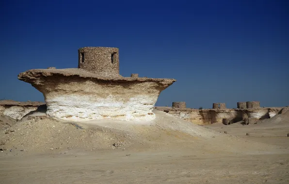 Картинка песок, небо, камни, скалы, пустыня, руины, qatar, zekreet