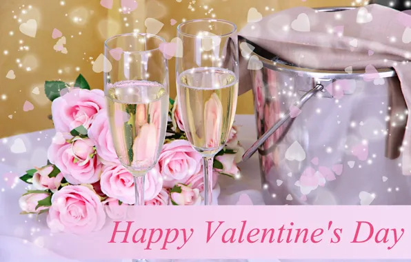 Картинка цветы, розы, шампанское, День Святого Валентина, фужеры, ведёрко