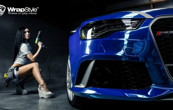 Девушка, туман, Audi, Девушки, монтаж, синий авто