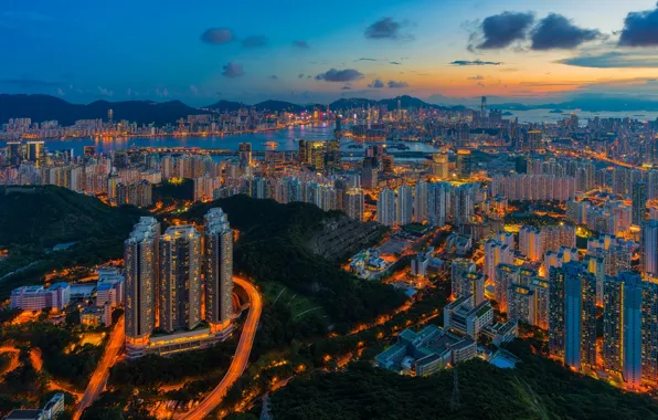 China, здания, Гонконг, панорама, Китай, ночной город, небоскрёбы, Hong Kong
