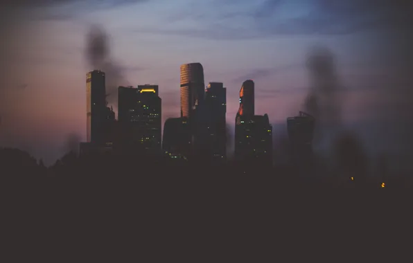 Небо, закат, moscow city, москва сити, вечер огни