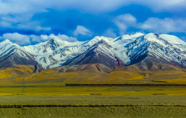 China, field, landscape, nature, mountains, clouds, snow, train