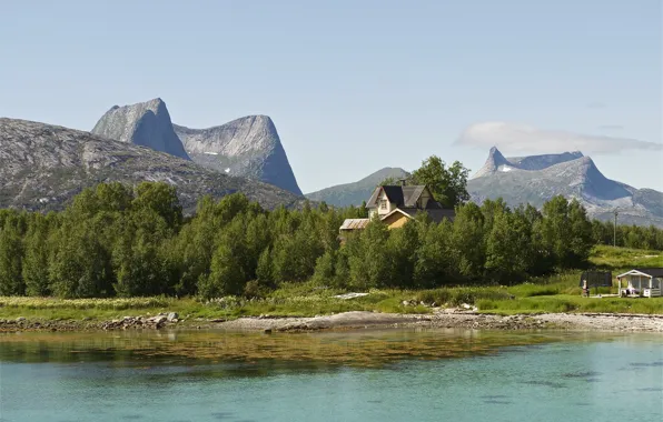 Картинка деревья, пейзаж, горы, природа, озеро, дома, Норвегия, Narvik