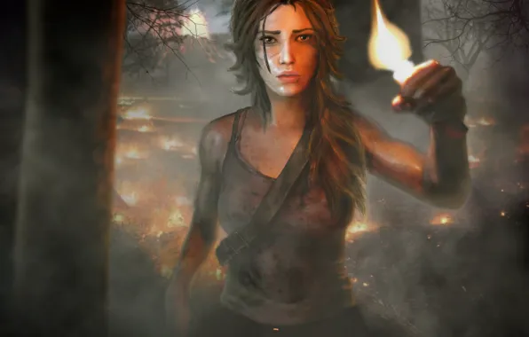 Картинка лес, девушка, пожар, Tomb Raider, Расхитительница гробниц