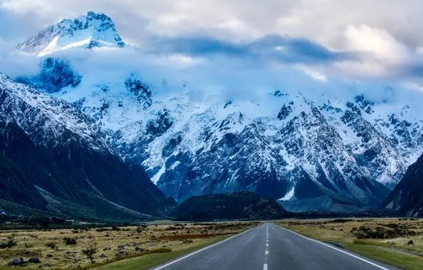 Дорога, небо, облака, скалы, шоссе, простор, снежные горы, New Zealand
