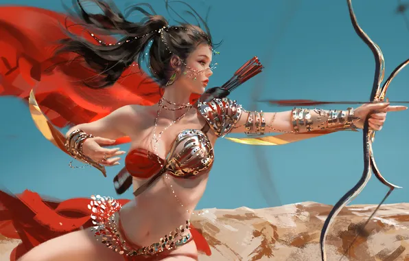 Ponytail, women, digital art, bow, princess, bikini, arrows, archer