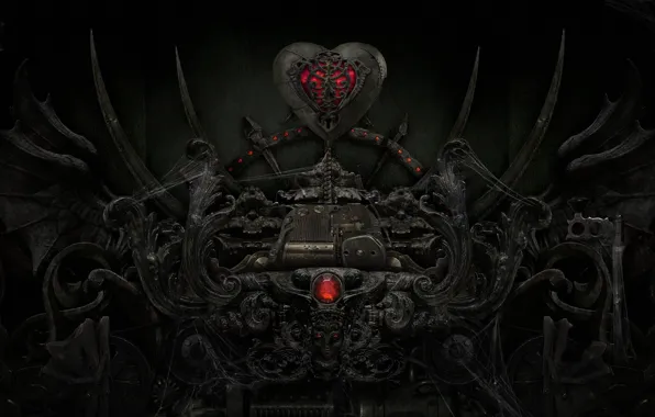 Картинка кристалл, металл, темный фон, красное, сердце, механизм, паутина, черное