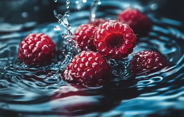 Вода, капли, макро, свет, брызги, ягоды, малина, всплеск