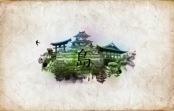 Картинка китай, остров, сад, дворец, ласточка, B82