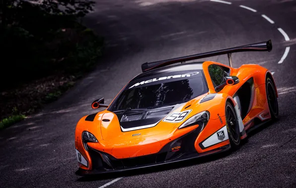 McLaren, Машина, Асфальт, Оранжевый, Капот, GT3, Суперкар, Передок