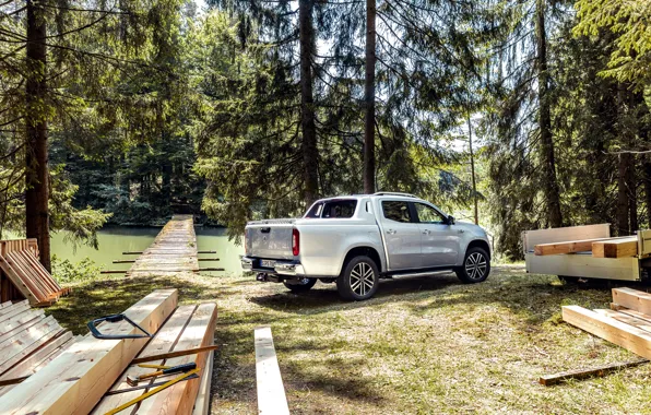 Картинка деревья, Mercedes-Benz, пикап, 2018, брус, X-Class, серо-серебристый