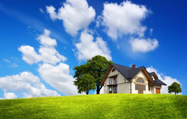 Картинка зелень, поле, небо, трава, облака, деревья, дом, голубое