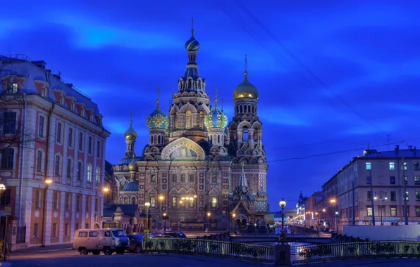 Картинка небо, огни, дома, вечер, фонари, Санкт-Петербург, церковь, канал