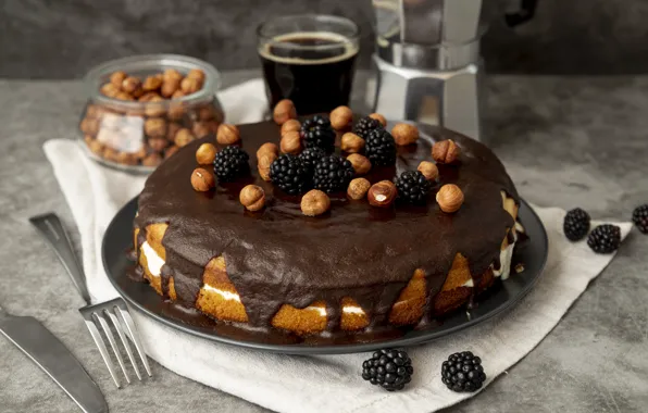 Ягоды, кофе, шоколад, пирог, торт, вилка, орехи, cake