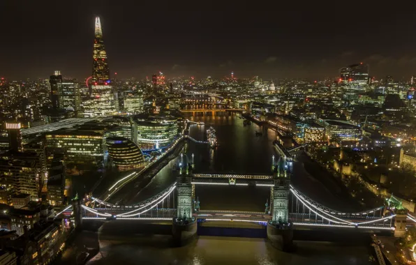 Ночь, мост, город, огни, Лондон, Великобритания, Tower Bridge, London