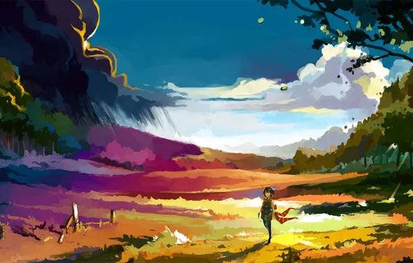 Девушка, облака, деревья, ветер, ограда, арт, нарисованный пейзаж