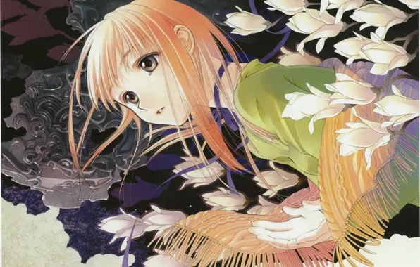 Шарф, девочка, лента, art, белые цветы, вязанный, You Shiina, Tsuki to Anata ni Hanataba wo