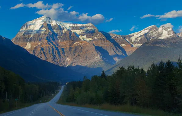 Дорога, лес, снег, деревья, горы, вершина, Canada, British Columbia