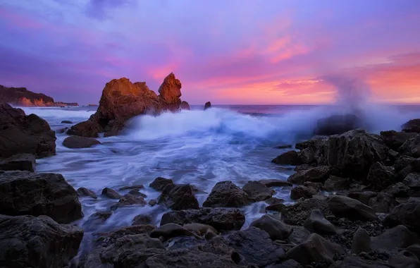 Картинка волны, закат, камни, океан, скалы, Калифорния, Pacific Ocean, California