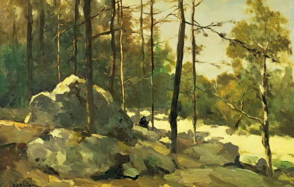 Картинка деревья, пейзаж, камни, масло, картина, холст, Иохан Хендрик Вейсенбрух, Лес Около Барбизона