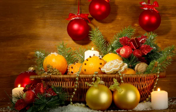 Украшения, корзина, елка, апельсины, Новый Год, Рождество, Christmas, decoration