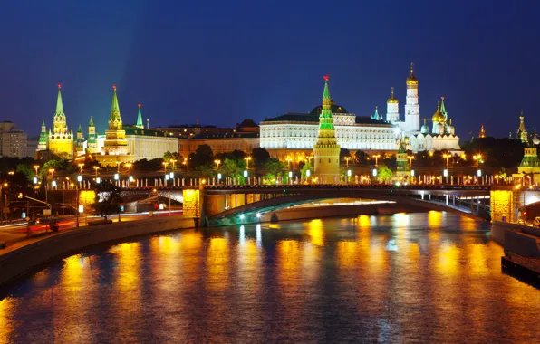 Дорога, небо, отражения, ночь, мост, город, огни, блики