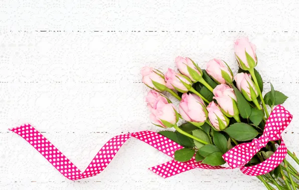Розы, букет, лента, розовые, pink, roses, ribbon