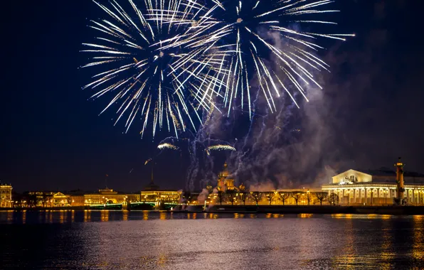 Вода, ночь, мост, город, огни, Питер, стрелка, Санкт-Петербург