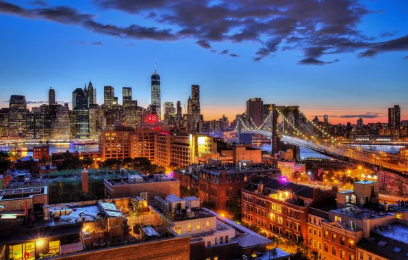 Картинка небо, облака, огни, Нью-Йорк, Бруклинский мост, сумерки, Манхэттен, One World Trade Center