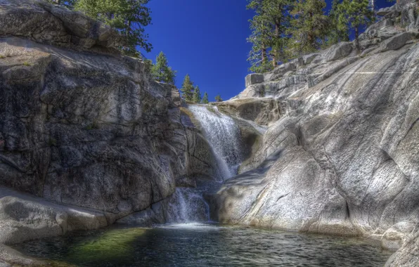 Картинка лес, природа, скалы, водопад, горная река, Yosemite National Park