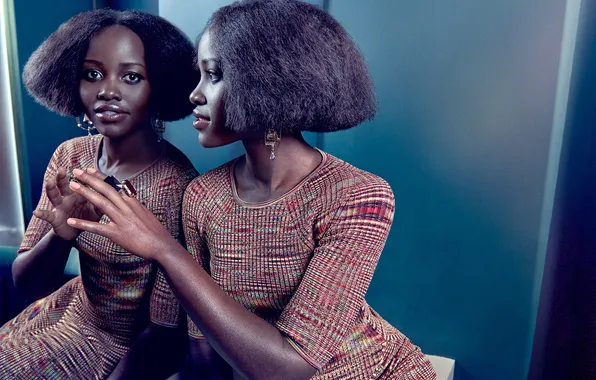 Девушка, платье, актриса, зеркало, черная, афро, lupita nyong'o