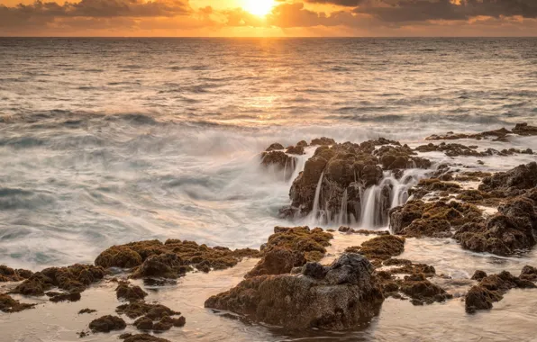 Картинка закат, камни, Гавайи, Hawaii, Mokolea Rock, залив Каилуа, Kailua Bay