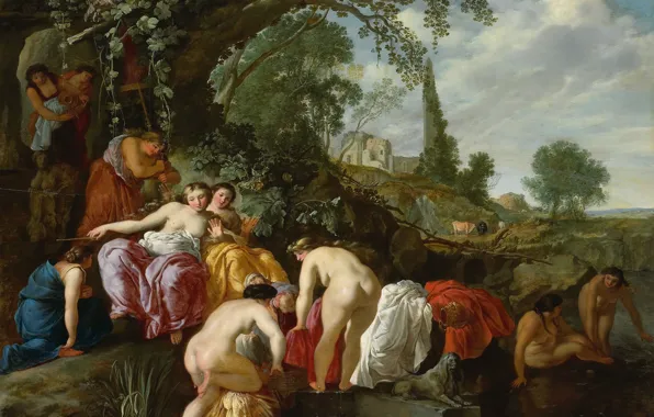 Дерево, масло, картина, мифология, Moses van Uyttenbroeck, Дочь Фараона находит Моисея в Камышах