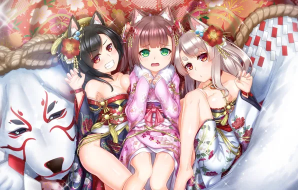 Девочки, собака, аниме, арт, ушки, azur lane